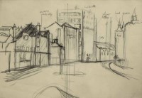 Lot 567 - Alan Lowndes, Manchester street scene, charcoal.