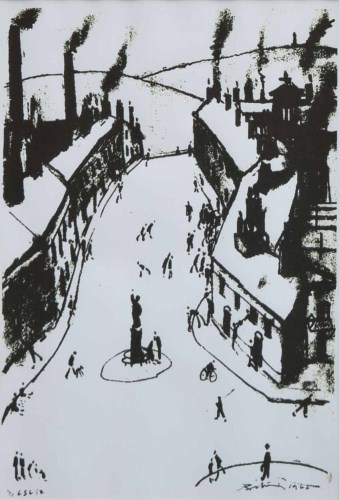 Lot 586 - Harold Riley/L.S. Lowry, Street scene, signed lithograph.
