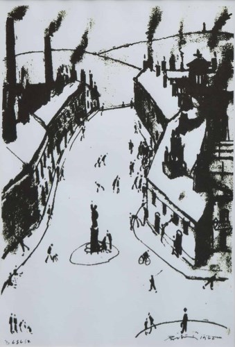Lot 586 - Harold Riley/L.S. Lowry, Street scene,