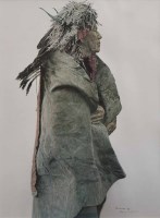 Lot 590 - James Bama, Crow Indian Wearing 1860's War Medicine Bonnet, signed print.