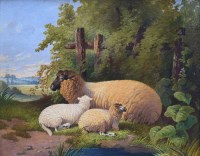 Lot 612 - E. Dean, 19th century, Sheep in rural landscape, oil.