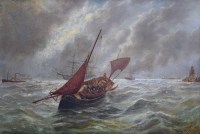 Lot 613 - B.B. Hemy, Coastal scene with fishing boat in choppy waters, oil.