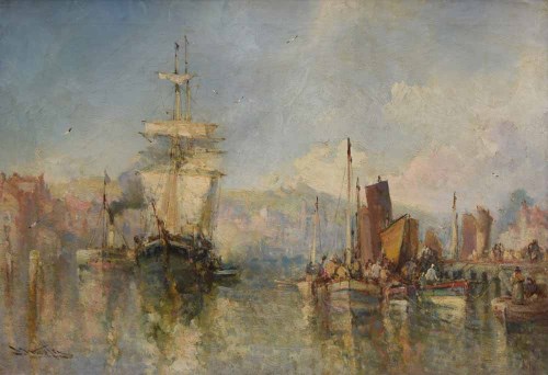Lot 615 - Stephen Frank Wasley, Harbour scene possibly Whitby, oil.