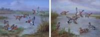 Lot 621 - Edgar Hunt, Mallards taking flight from and landing on a riverbank, oil (2).