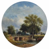 Lot 634 - Attributed to James Stark, Rural scene with a figure on a bridge and cattle watering, oil.