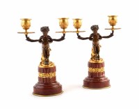 Lot 20 - A pair of French rouge marble twin branch candlesticks