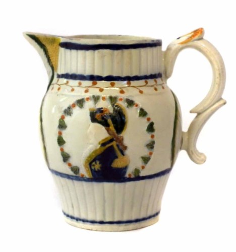 Lot 72 - Hawley Prattware jug circa 1795 moulded and