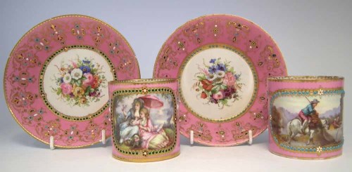 Lot 85 - Two Sevres coffee cans and saucers pink.
