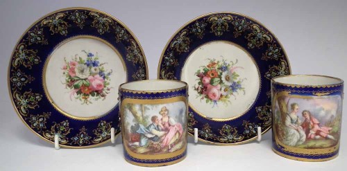 Lot 86 - Two Sevres coffee cans and saucers blue.