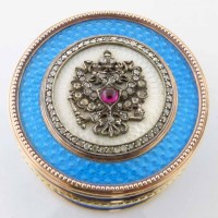 Lot 200 - Russian gold, enamel and diamond circular box in the manner of Faberge.