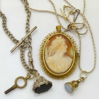 Lot 208 - Cameo brooch; 9k chain with fob; silver watch