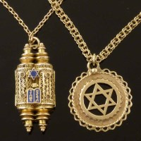 Lot 239 - Gold torah pendant on chain; gold Star of David