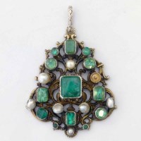 Lot 254 - Antique emerald and pearl pear shaped pendant (1 pearl missing)