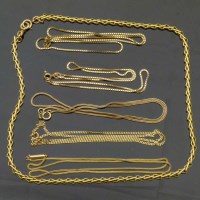 Lot 260 - Four 9ct gold chains; 14k chain; unmarked chain