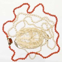 Lot 264 - Two pearl necklaces; red coral necklace; Black