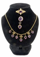 Lot 266 - 9ct amethyst fringe necklace; two brooches
