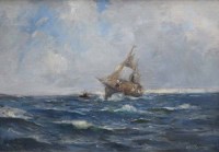 Lot 297 - Arthur Spooner, Coastal view with sailing vessels, oil.