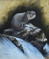 Lot 302 - Nigel Hemming, Otter on a riverbank, oil.