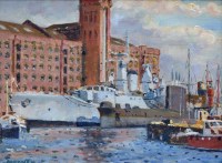 Lot 305 - Keith Gardner, Historic Warships - H.M.S. Plymouth and H.M.S. Onyx at Birkenhead Grain Warehouses, oil.