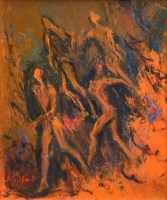 Lot 316 - Dorothy Bradford, Figures Dancing, oil on board.