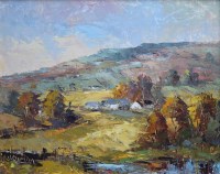 Lot 330 - Valter Berzins (1925-2009), Rural landscape with cottages, oil.