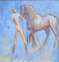 Lot 346 - Dorothy Bradford, Man with Horse, oil.