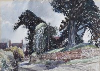 Lot 364 - Reginald G. Haggar, Rural lane with trees and buildings, watercolour.