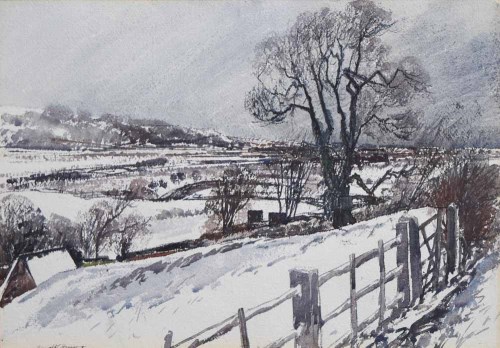 Lot 366 - Reginald Haggar, Snow covered rural scene, watercolour.