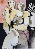 Lot 375 - Geoffrey Key, Two figures, mixed media.