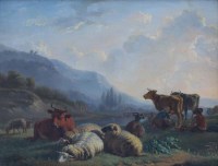 Lot 389 - Follower of Balthazar Paul Ommeganck, A shepherd and a milkmaid with cattle, sheep and a goat in an extensive landscape, oil.