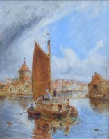 Lot 395 - W.J.J.C. Bond, A continental port with numerous figures and boats, oil.