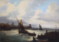 Lot 397 - British School, 19th century, Coastal scene with various boats and sailing vessels, oil.