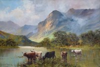 Lot 402 - Stanley Graham, Mountainous highland landscape with cattle watering, oil.