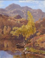 Lot 406 - Colin Hunter, Lake scene with boat, oil.