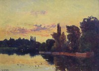 Lot 409 - H. Delpy, Moored boats on the banks of the River Oise at Vauréal, oil.
