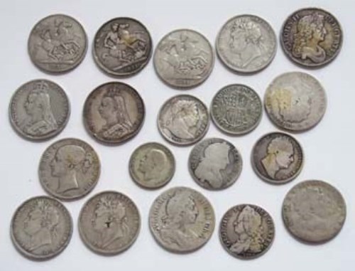 Lot 14 - Collection of silver coinage, mainly crowns commencing 1670 Charles II through to Queen Victoria, also including George II Lima half crown and several