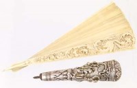 Lot 22 - Carved ivory fan, Eastern siilver parasol handle
