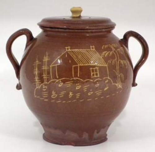 Lot 152 - Slipware jar and cover possibly West Cumberland initialled M.A. dated 1797