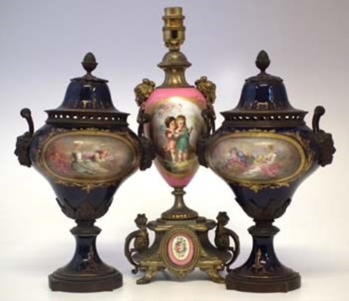 Lot 207 - Pair of sevres style vases and a lamp.