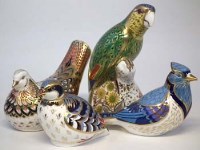 Lot 264 - Royal Crown Derby Turtle Dove, Red legged Partridge, Amazon Green Parrot, and a Blue Jay.