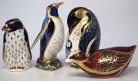 Lot 265 - Royal Crown Derby Rock hopper Penguin, Emperor Penguin, Penguin and Chick, and a Coot.