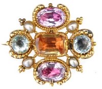 Lot 410 - 18ct gold brooch set with coloured stones