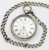 Lot 416 - Silver pocket watch and chain.