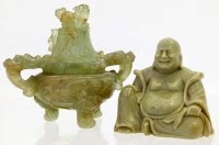 Lot 458 - Pale green rock crystal koro; figure of Budai.