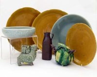 Lot 520 - Three Chinese yellow glazed dishes, two celadon dishes, griffin, ..... Japanese banko saki jug.