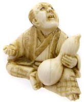 Lot 569 - Ivory Netsuke seated figure with double gourd.