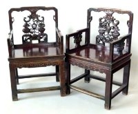 Lot 607 - Pair of Chinese hardwood elbow chairs