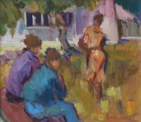 Lot 653 - Val Pownall, The Encounter, oil.