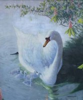 Lot 697 - Vernon Ward, Swan and cygnets, oil.