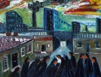 Lot 698 - Albert Barlow, Figure group with industrial landscape beyond, oil